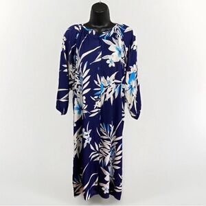 Tucker Navy Blue and White Tropical Print Dress with Light Blue Accents Flaws